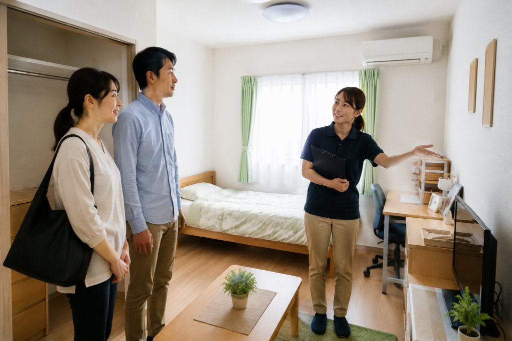 障がい者グループホームの見学で居室や生活環境を確認する家族