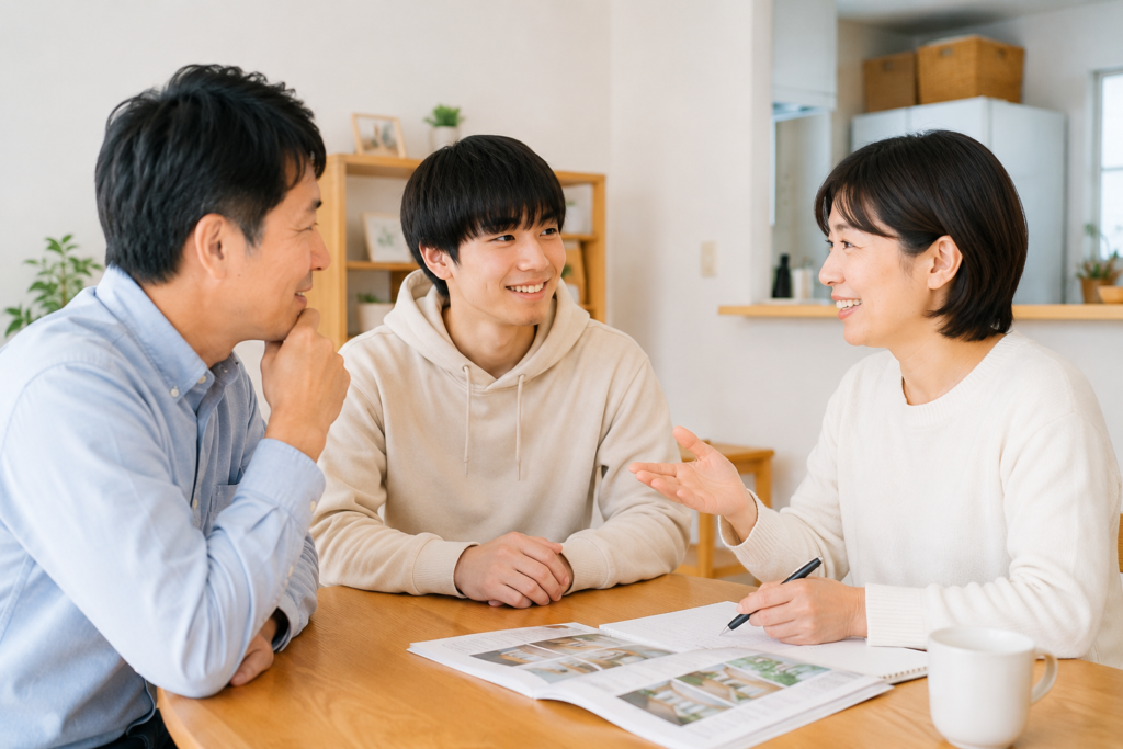 障がい者グループホームの見学前に本人と家族が相談する様子