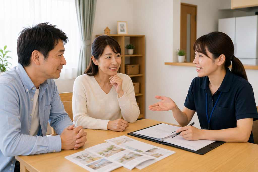 障がい者グループホームの見学後に体験宿泊について相談する家族
