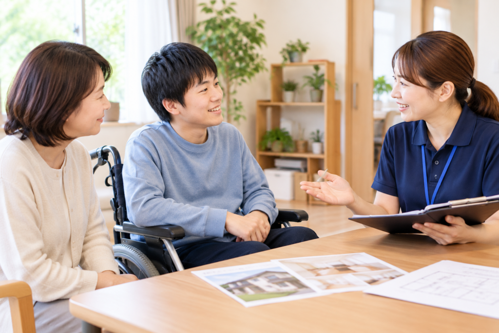 名古屋で身体障がいのある方と家族がグループホームの入居条件について相談する様子