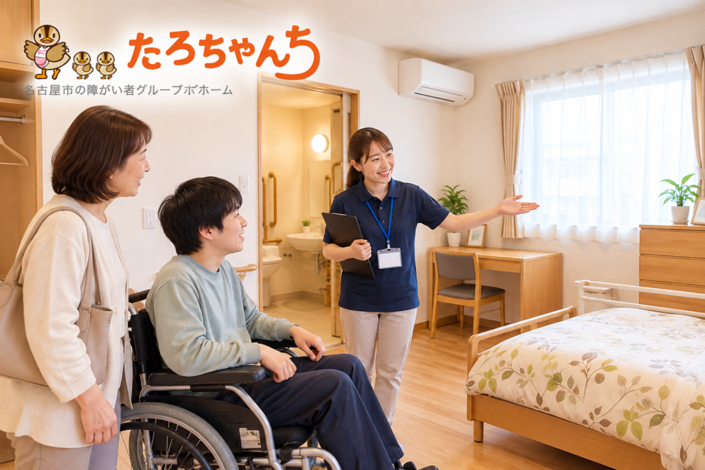 名古屋の障がい者グループホームで身体障がいのある方と家族が居室を見学する様子