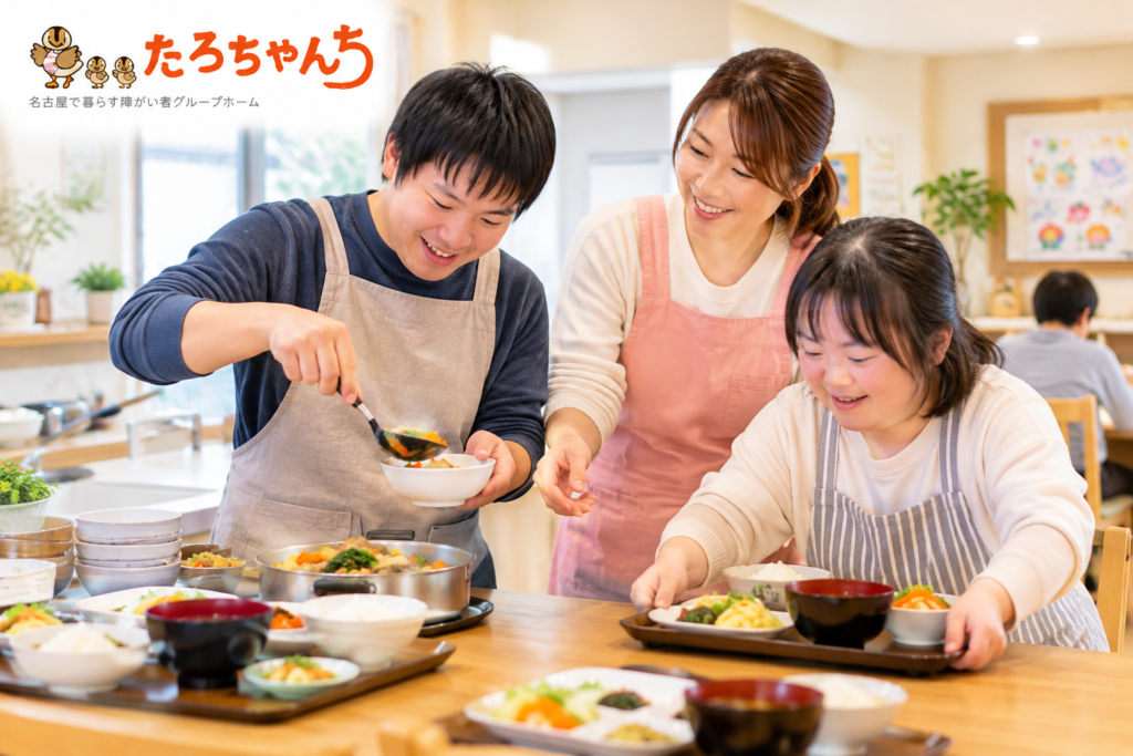 たろちゃんちで利用者さんがスタッフと一緒に食事の準備や配膳に取り組む自立支援の様子