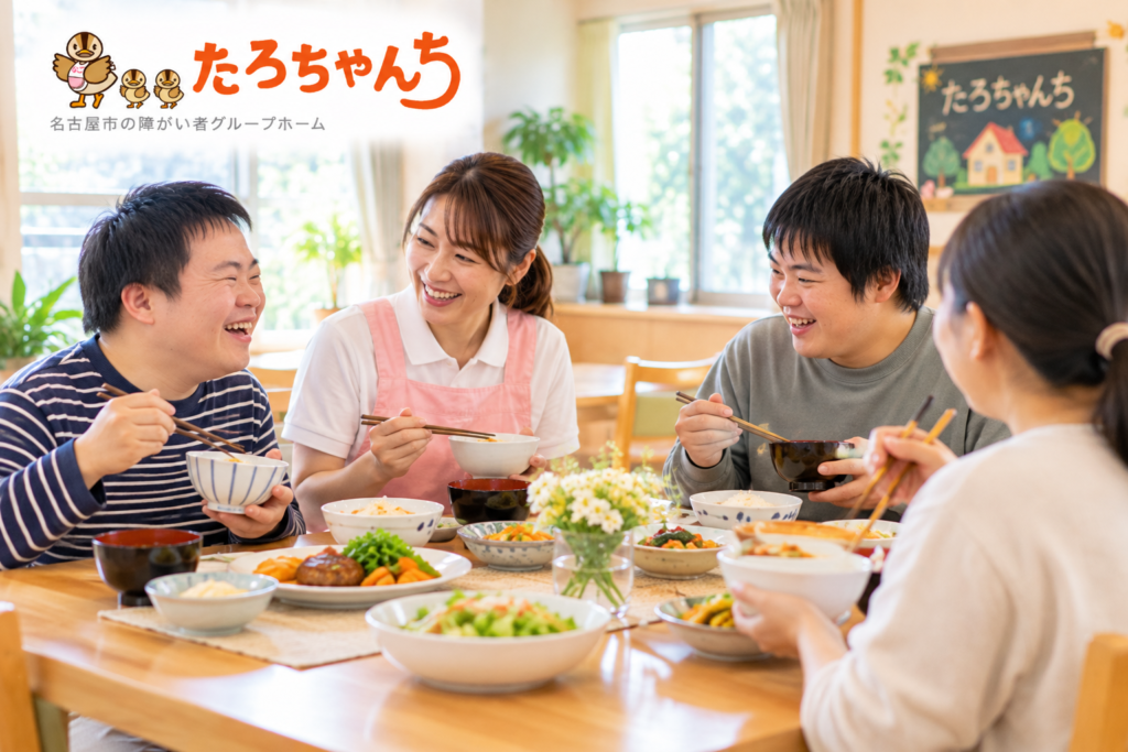 たろちゃんちの家庭的な食卓で利用者さんとスタッフが笑顔で食事を楽しむ様子