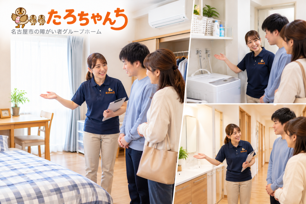 名古屋の障がい者グループホームたろちゃんちで居室や洗濯設備を見学する家族