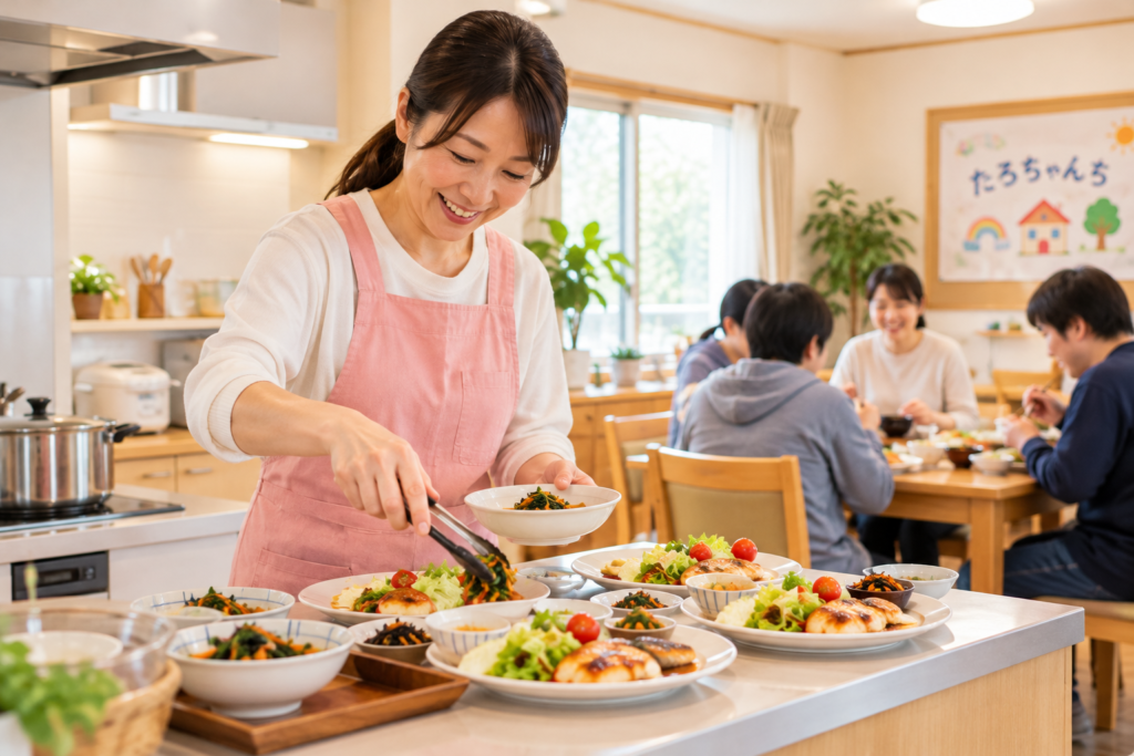 名古屋の障がい者グループホームたろちゃんちでスタッフが家庭的な食事を準備する様子