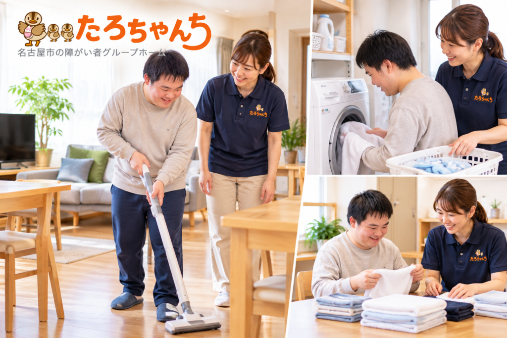 たろちゃんちで利用者さんがスタッフと一緒に掃除や洗濯に取り組む自立支援の様子