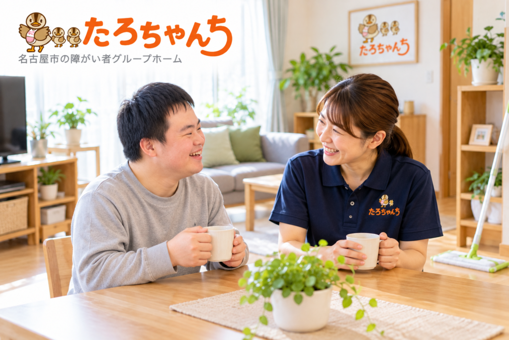 たろちゃんちで掃除を終えた利用者さんがスタッフと笑顔で過ごす家庭的な暮らしの様子