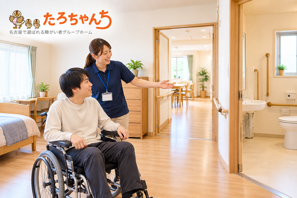 身体障がいのある方がグループホームの居室や移動しやすさを確認する生活環境のイメージ