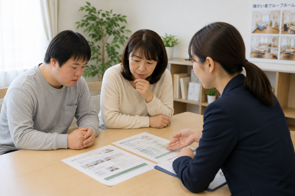 障がい者グループホームの入居条件について相談する本人と家族