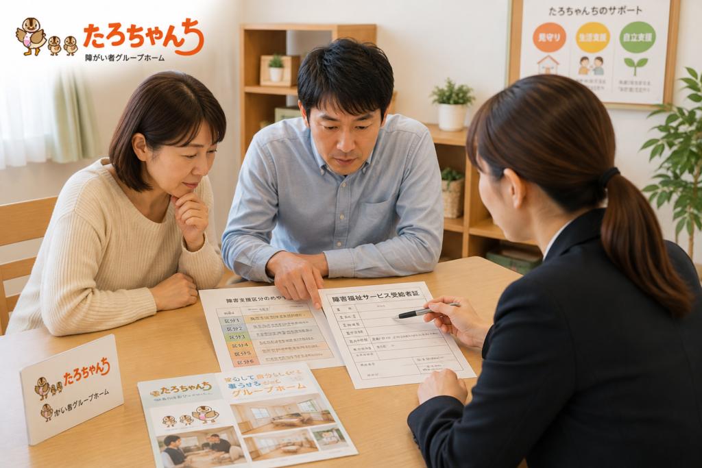障がい者グループホームの障害支援区分と受給者証を確認する家族