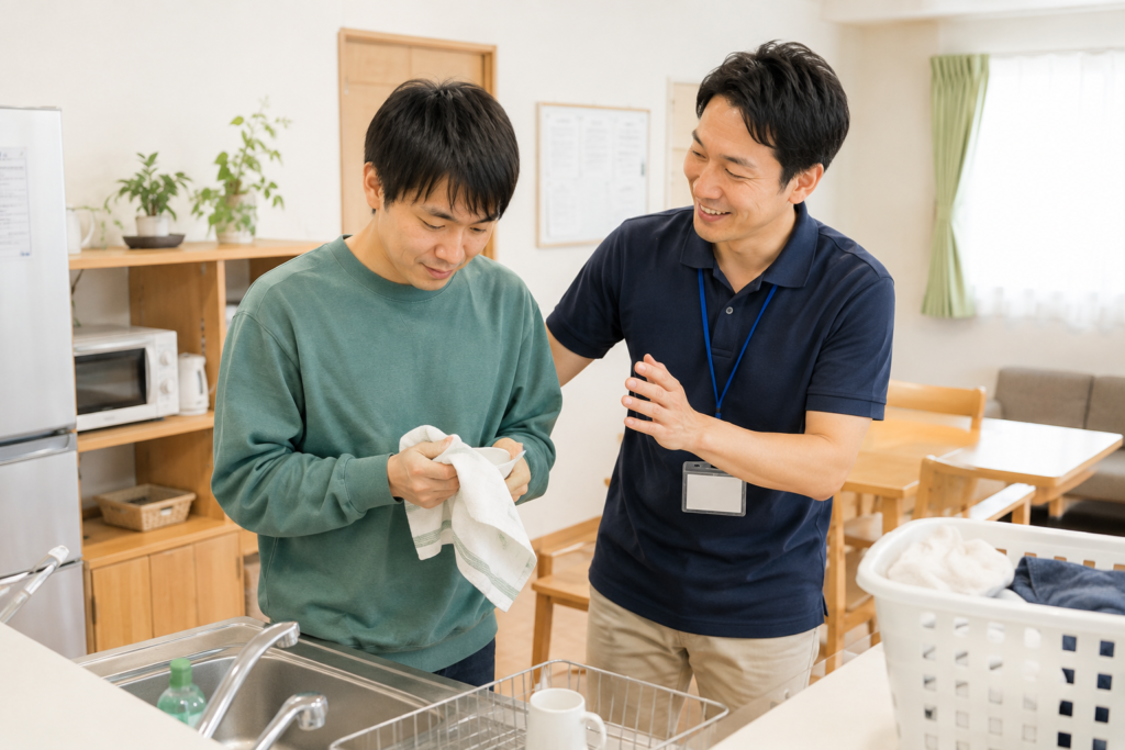 精神障がいのある方の家事や生活をグループホームで支援する様子