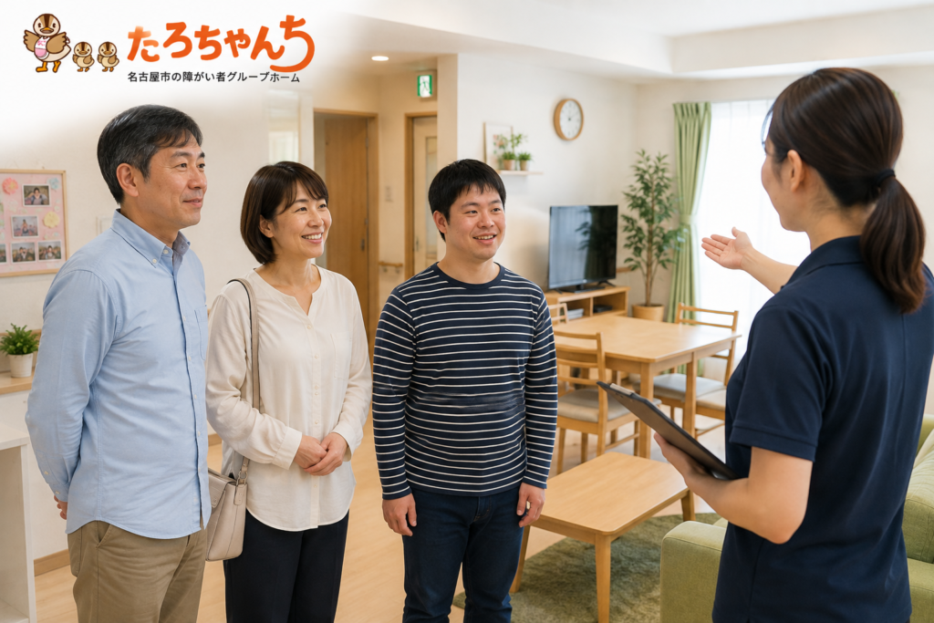 障がい者グループホームの入居に向けて見学する本人と家族