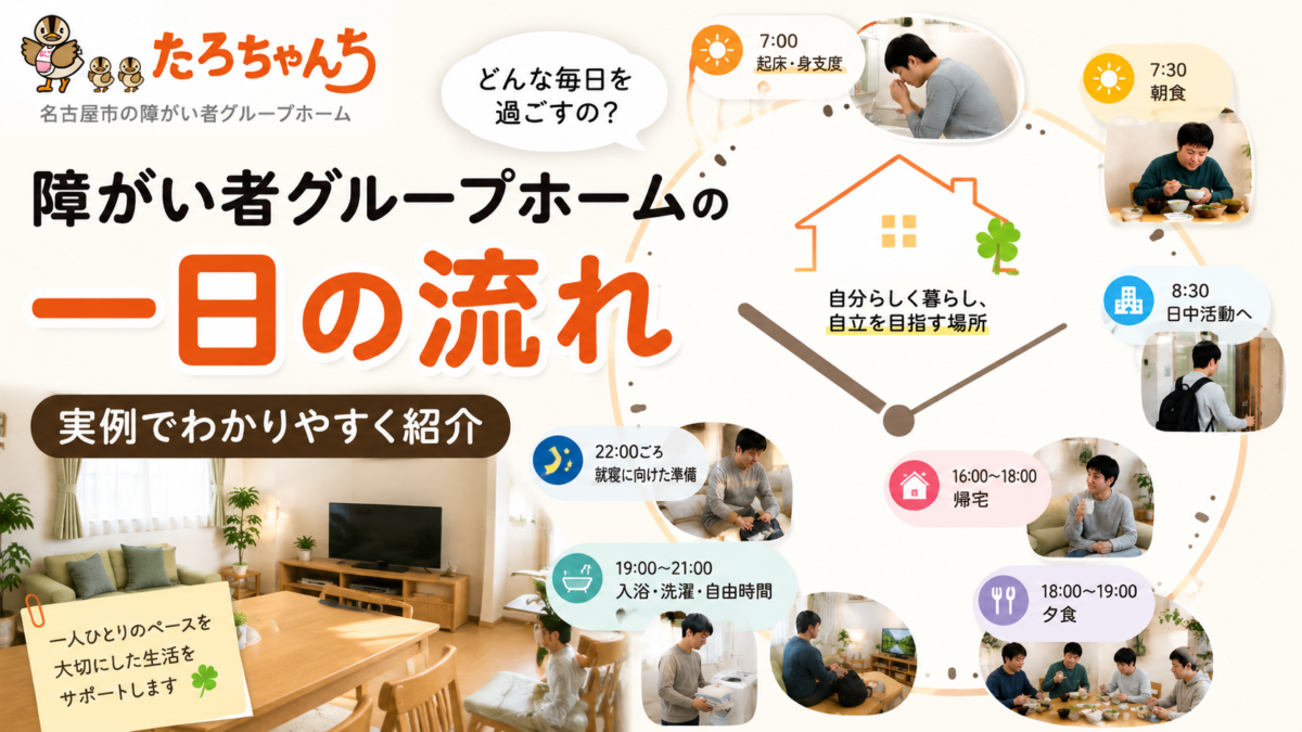 障がい者グループホームの一日の流れと生活の様子を紹介するイメージ