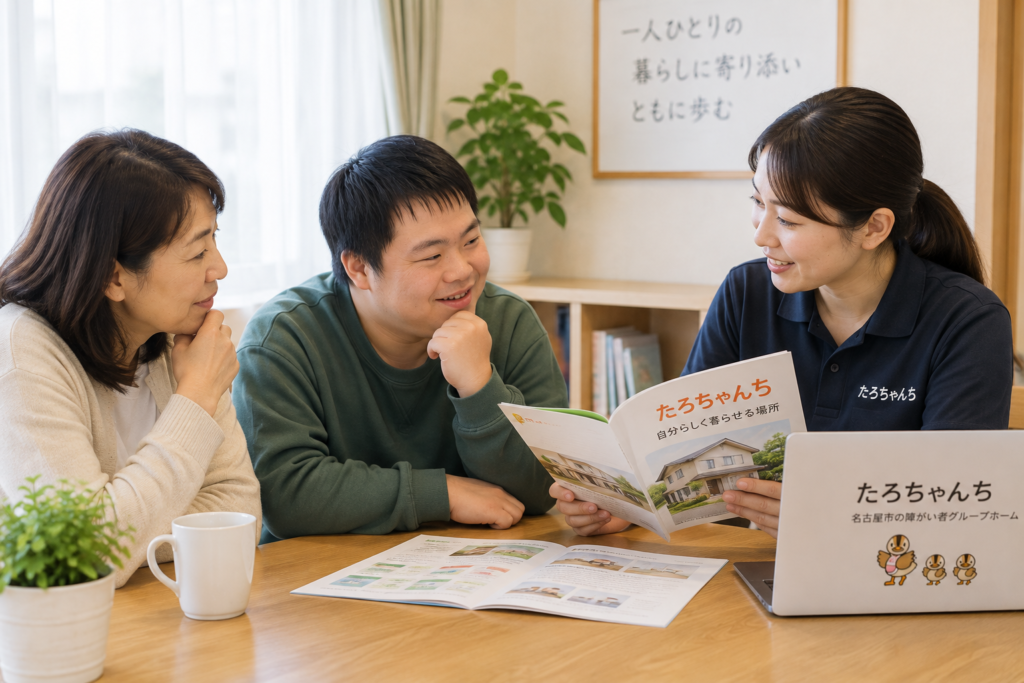 障害年金でグループホーム生活ができるか本人と家族が相談する様子