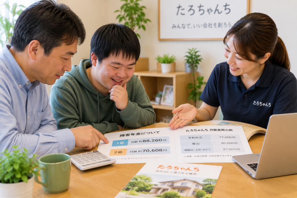 障害年金と障がい者グループホームたろちゃんちの月額費用を確認する様子