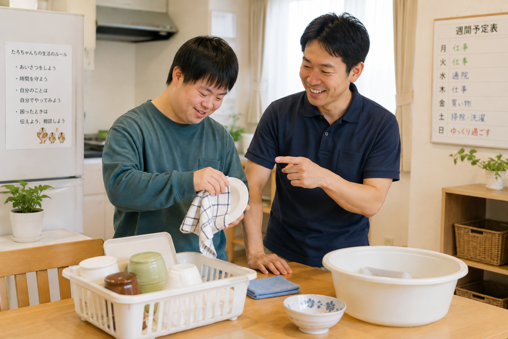 障がい者グループホームでスタッフと家事に取り組み自立を目指す利用者