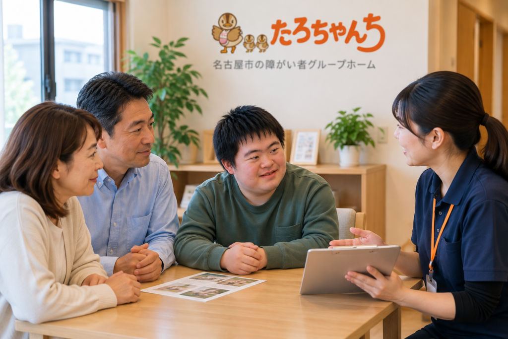 障がい者グループホームの医療連携について本人と家族が相談する様子
