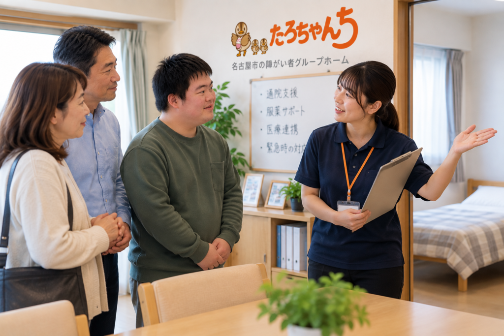 医療連携や通院支援を確認するため障がい者グループホームを見学する家族