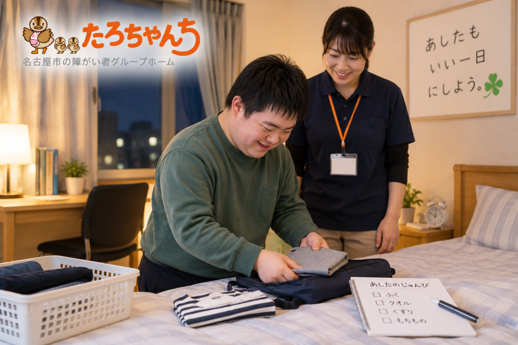 夜間スタッフに見守られながら翌日の準備を自分で行うグループホーム利用者