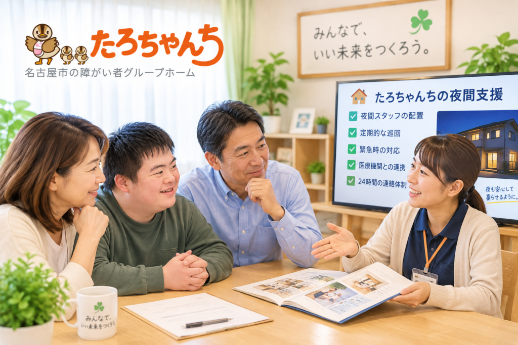 障がい者グループホームの夜間スタッフや支援体制を家族が相談する様子