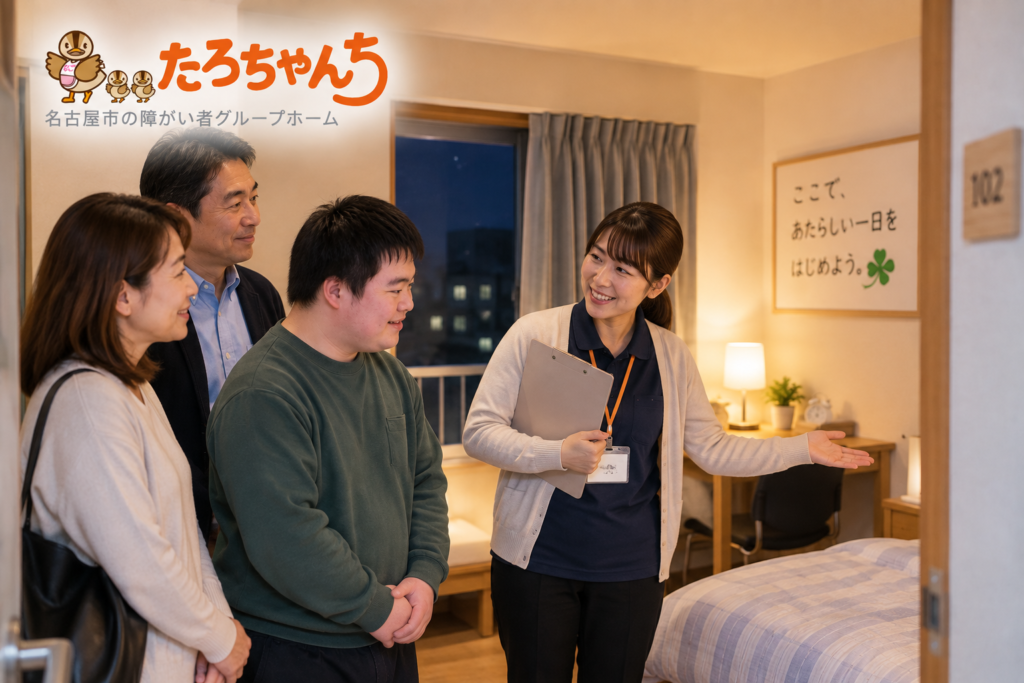 夜間支援を確認するため障がい者グループホームを見学する本人と家族