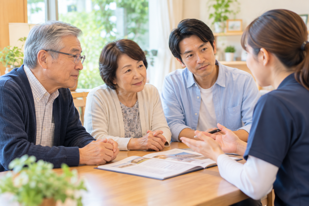 65歳以上の障がい者グループホーム利用について家族が相談する様子