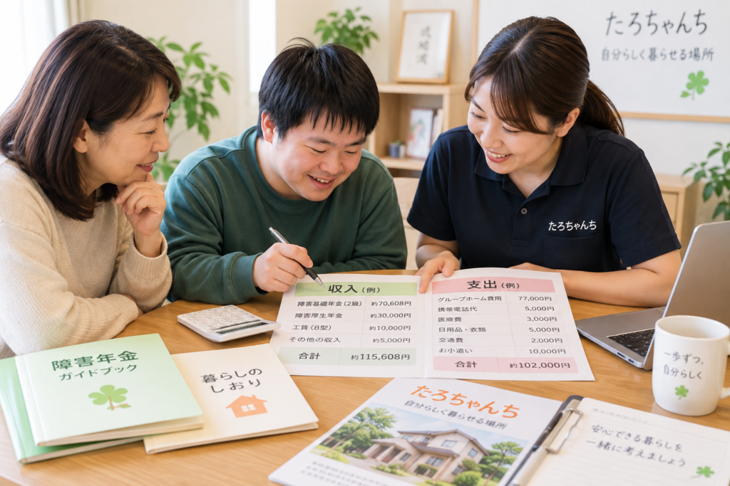 グループホーム生活に必要な障害年金や収入と支出を一緒に確認する様子
