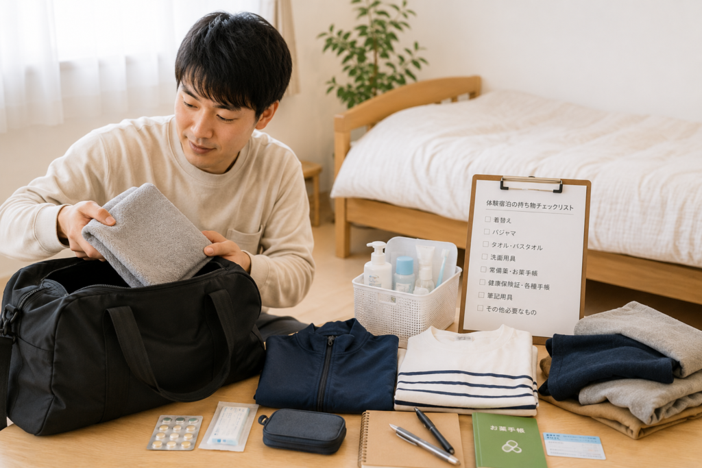 障がい者グループホームの体験宿泊に必要な持ち物を準備する様子