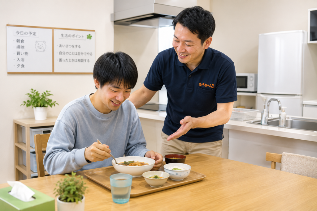 障がい者グループホームの体験宿泊で生活支援を受ける様子