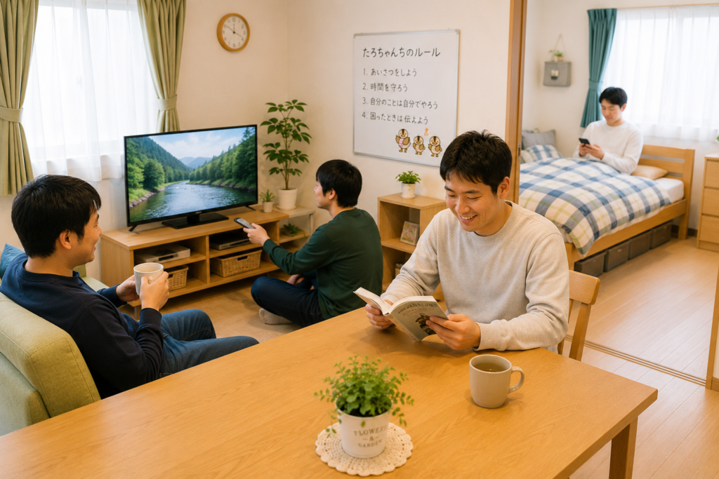 障がい者グループホームの居室やリビングで休日を過ごす利用者の様子
