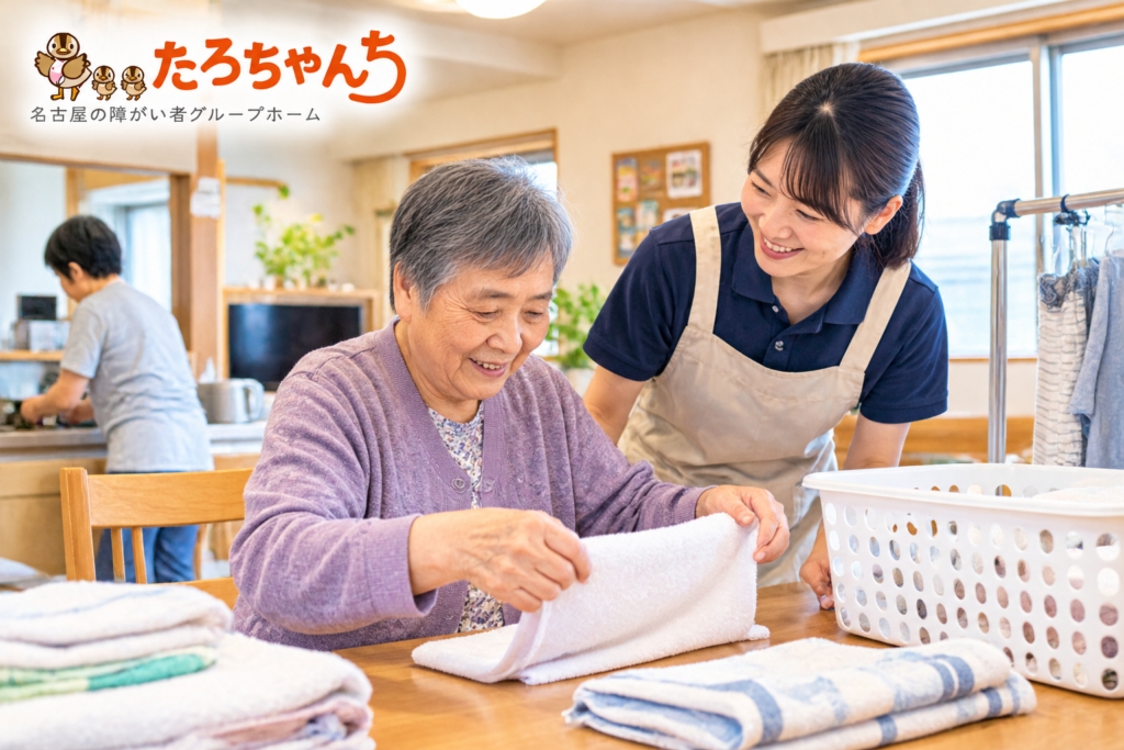 障がい者グループホームで生活動作に取り組む高齢利用者とスタッフ