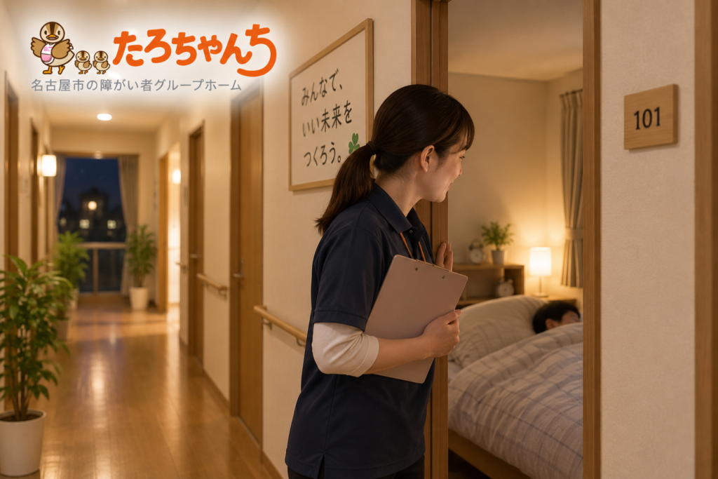 障がい者グループホームたろちゃんちで夜間スタッフが生活を見守る様子