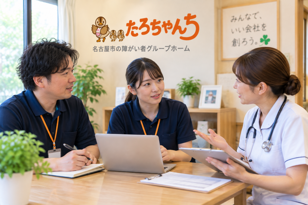 障がい者グループホームたろちゃんちでスタッフと看護師が医療連携する様子