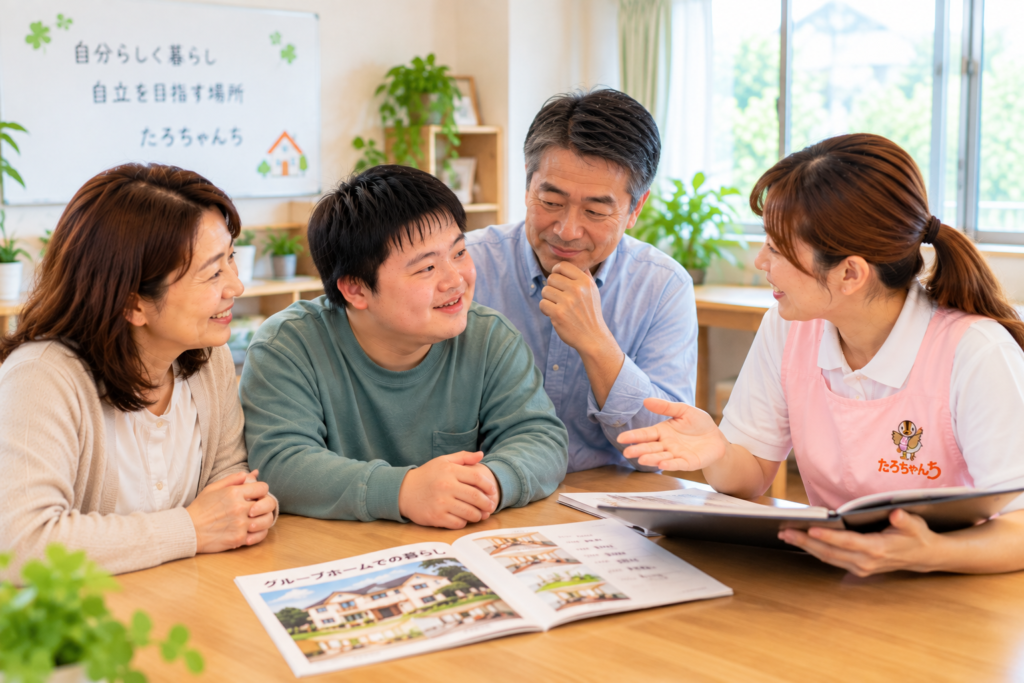 発達障がいのある本人と家族が将来のグループホーム生活を考える様子