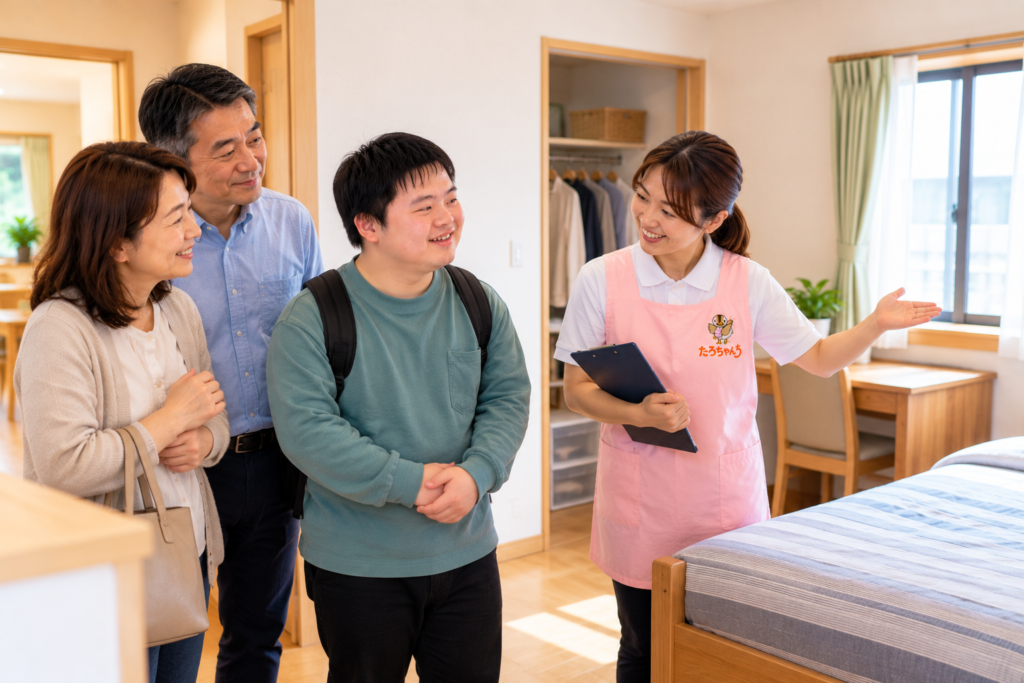 発達障がいのある本人と家族が名古屋のグループホームを見学する様子