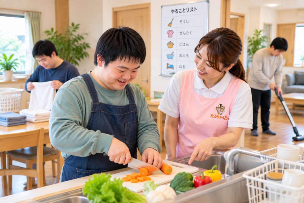 発達障がいのある利用者がグループホームで生活動作に取り組む様子
