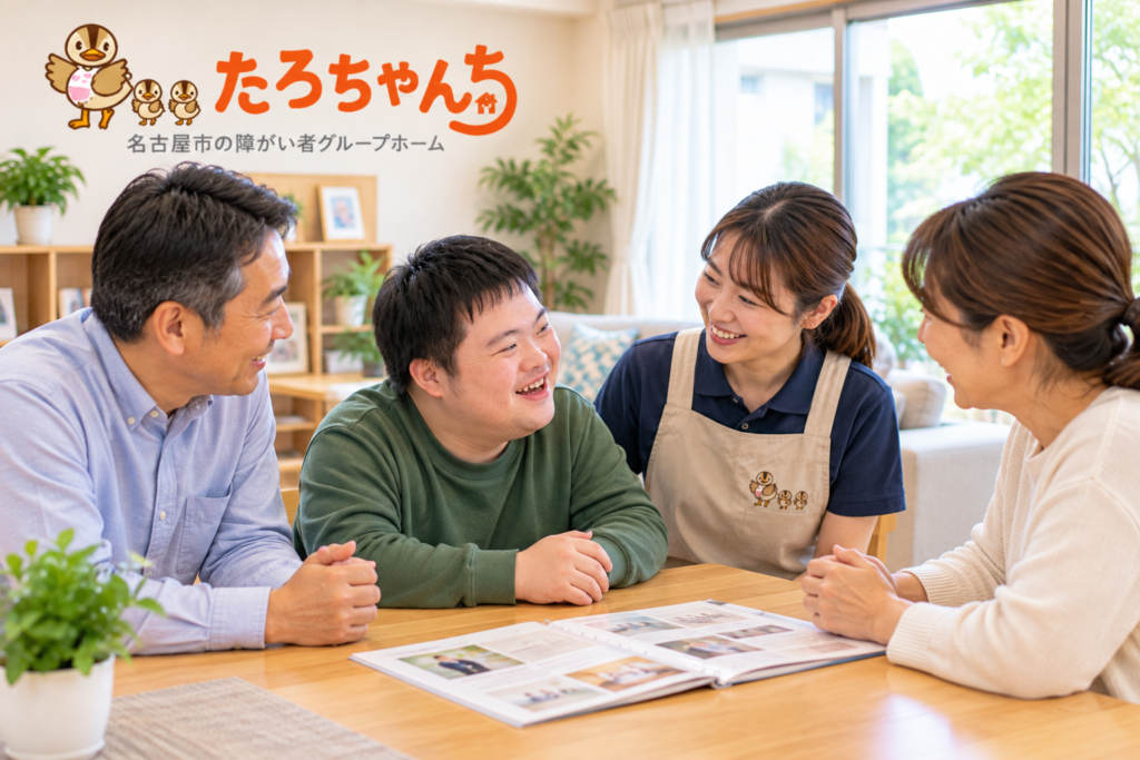 たろちゃんちで知的障がいのある方と家族が将来の暮らしについて笑顔で話す様子