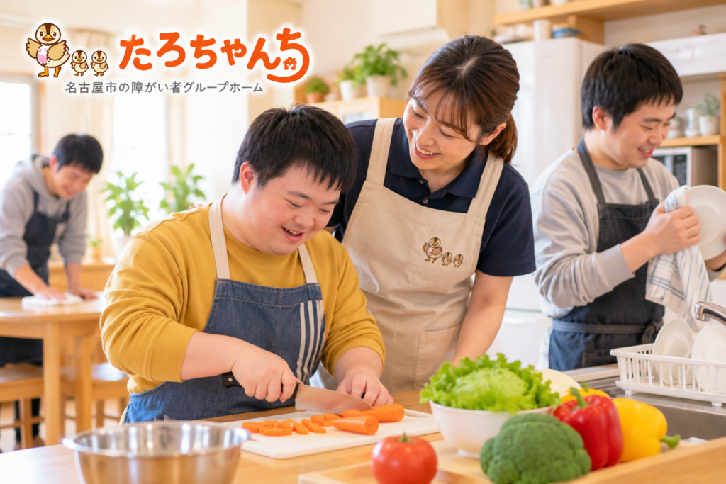たろちゃんちで知的障がいのある方が料理や家事に取り組む自立支援の様子