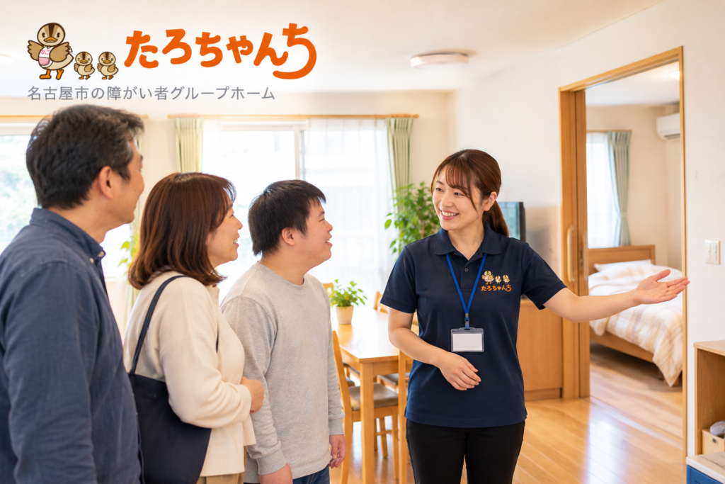 名古屋のたろちゃんちで強度行動障がいのある方の生活環境を家族が見学する様子